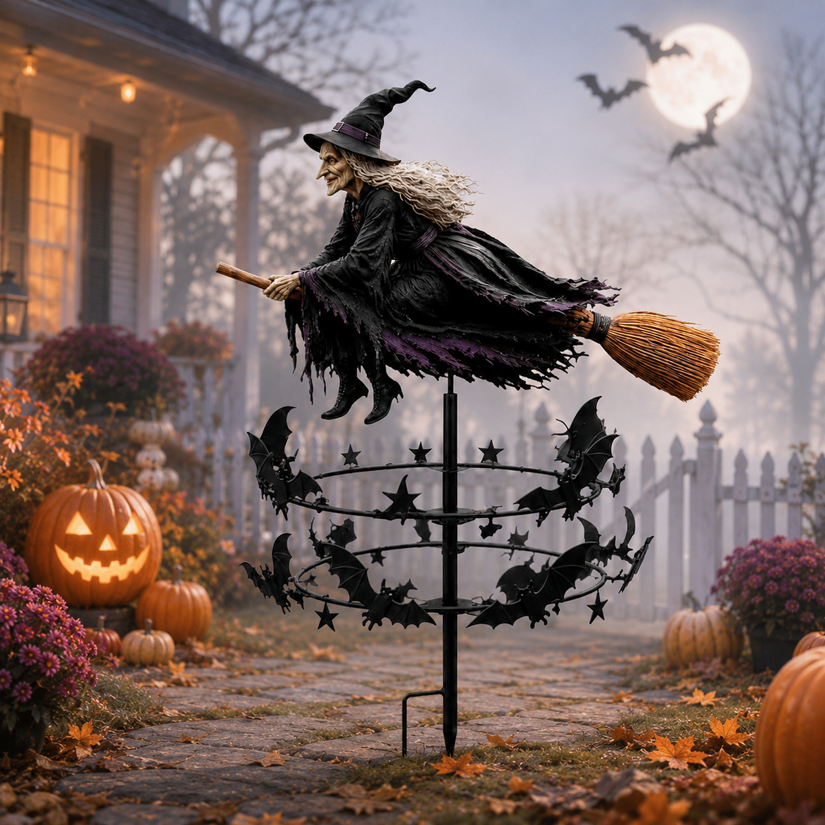 🔥49% OFF Last Day🧙♀️ Enchanted Witch Garden Spinner – Halloween Flying Witch & Bat Yard Stake Decor