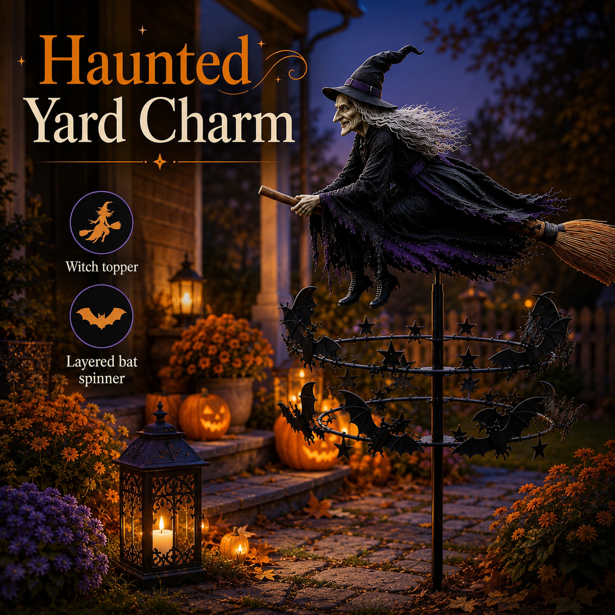 🔥49% OFF Last Day🧙♀️ Enchanted Witch Garden Spinner – Halloween Flying Witch & Bat Yard Stake Decor