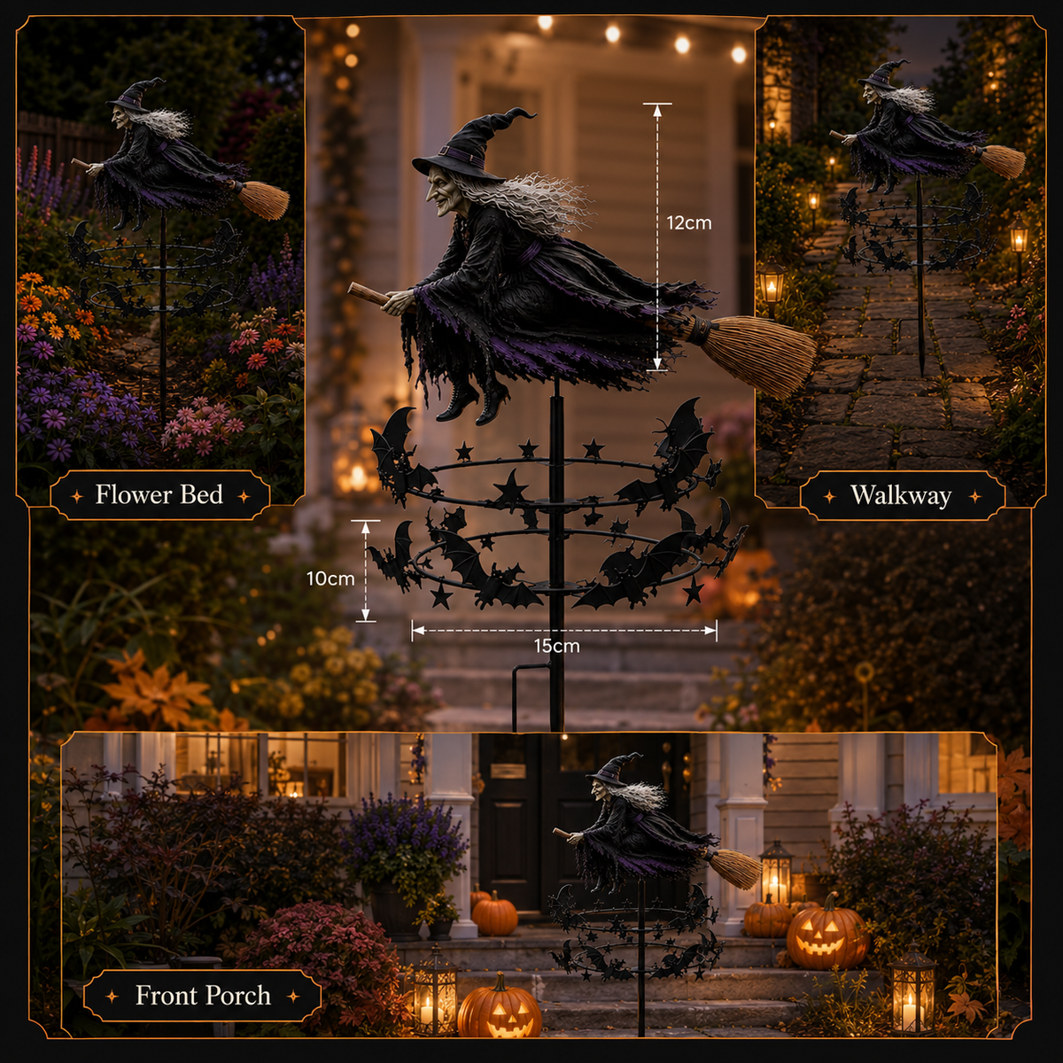 🔥49% OFF Last Day🧙♀️ Enchanted Witch Garden Spinner – Halloween Flying Witch & Bat Yard Stake Decor