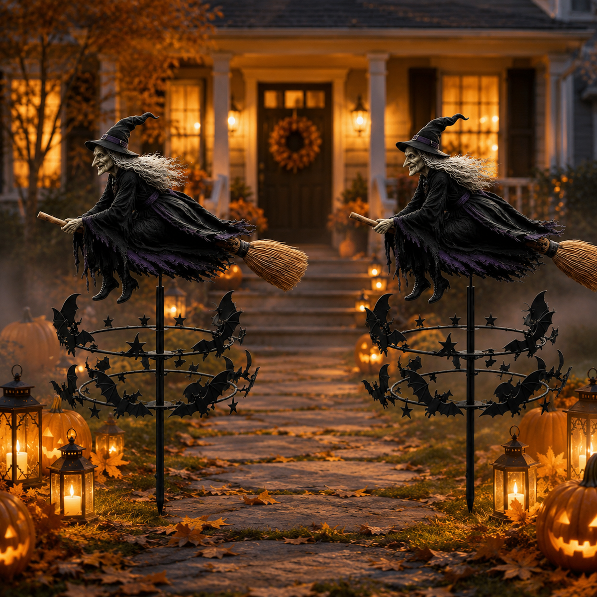 🔥49% OFF Last Day🧙♀️ Enchanted Witch Garden Spinner – Halloween Flying Witch & Bat Yard Stake Decor