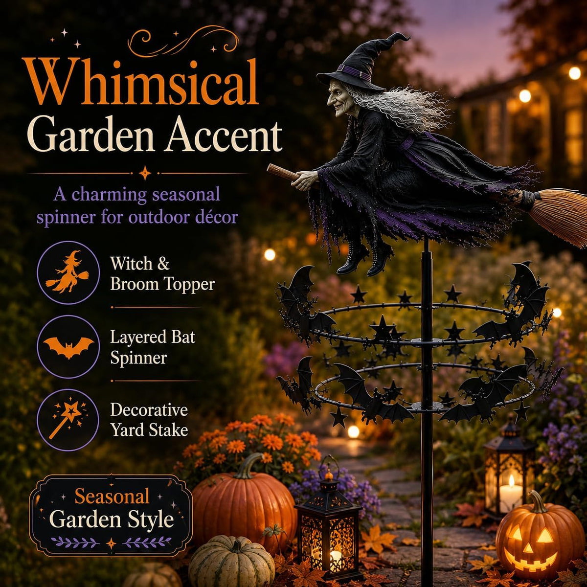 🔥49% OFF Last Day🧙♀️ Enchanted Witch Garden Spinner – Halloween Flying Witch & Bat Yard Stake Decor