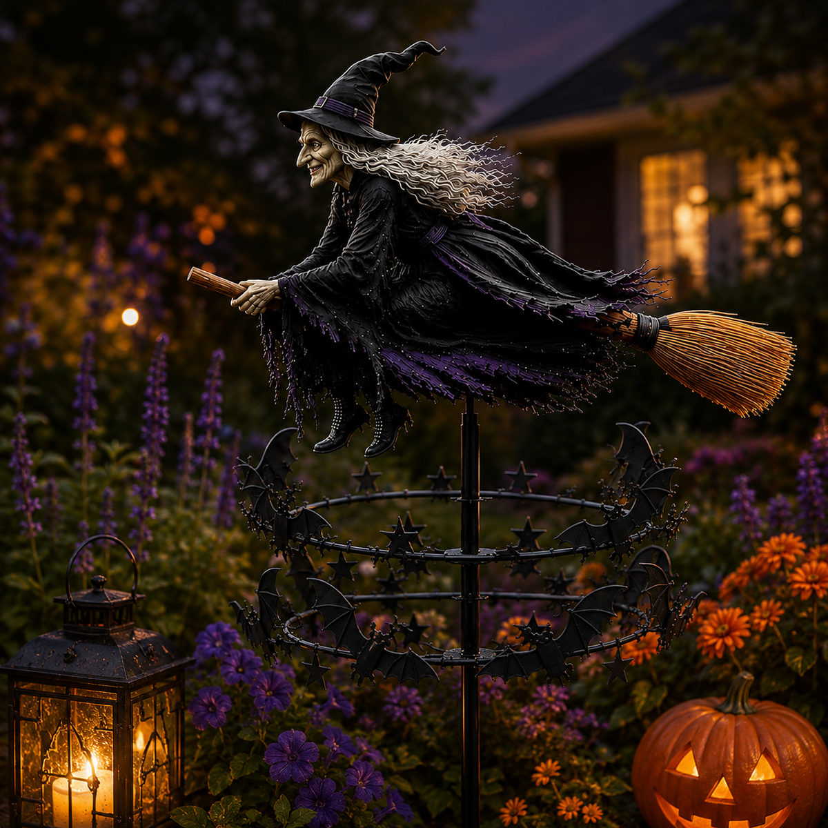 🔥49% OFF Last Day🧙♀️ Enchanted Witch Garden Spinner – Halloween Flying Witch & Bat Yard Stake Decor