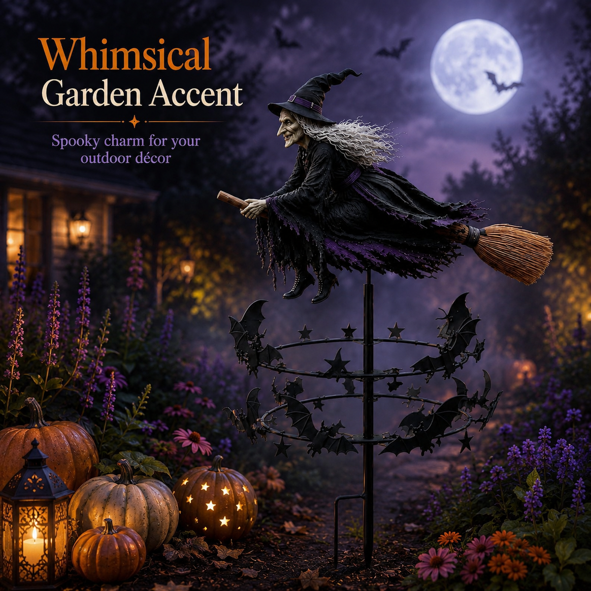 🔥49% OFF Last Day🧙♀️ Enchanted Witch Garden Spinner – Halloween Flying Witch & Bat Yard Stake Decor