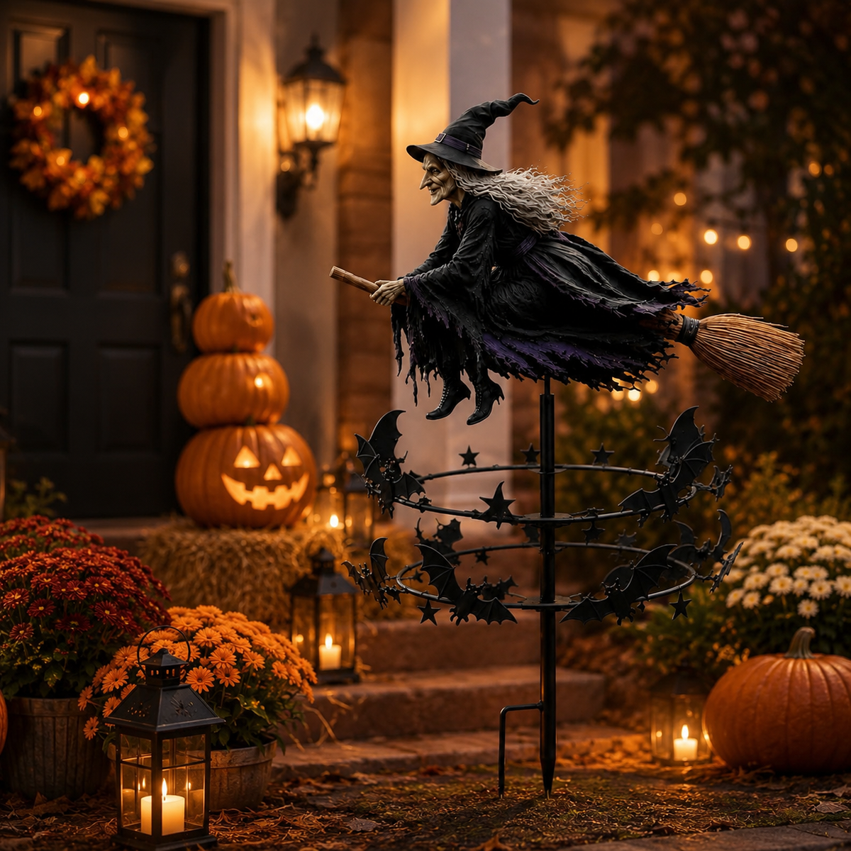 🔥49% OFF Last Day🧙♀️ Enchanted Witch Garden Spinner – Halloween Flying Witch & Bat Yard Stake Decor