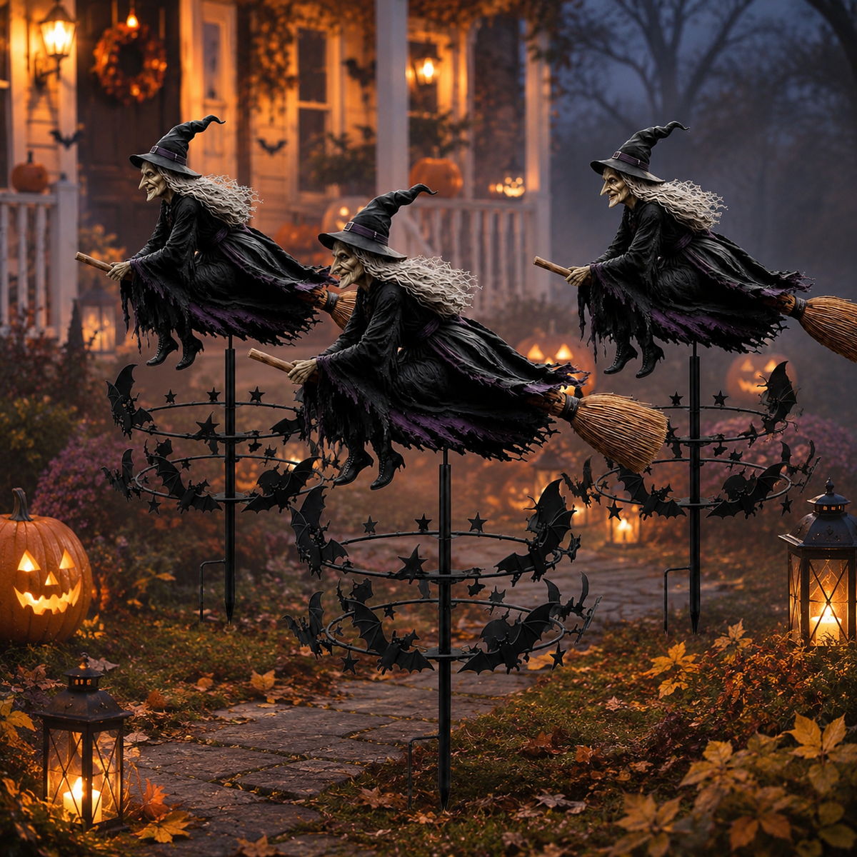 🔥49% OFF Last Day🧙♀️ Enchanted Witch Garden Spinner – Halloween Flying Witch & Bat Yard Stake Decor