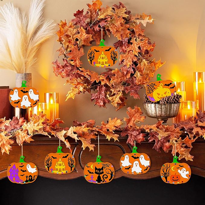 36PCS Wooden Pumpkins Ornaments to Paint Halloween Thanksgiving Decoration Cutouts Unfinished 3.5 inches, DIY Blank Unfinished Pumpkin Ornament for Home Harvest Crafts Hanging Autumn Decor(6Style)