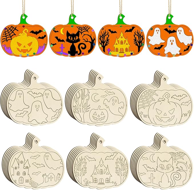36PCS Wooden Pumpkins Ornaments to Paint Halloween Thanksgiving Decoration Cutouts Unfinished 3.5 inches, DIY Blank Unfinished Pumpkin Ornament for Home Harvest Crafts Hanging Autumn Decor(6Style)