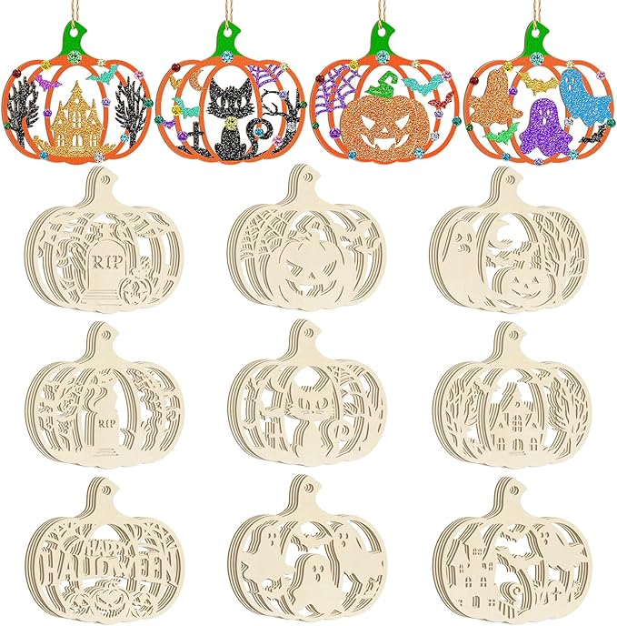 36PCS Wooden Pumpkins Ornaments to Paint Halloween Thanksgiving Decoration Cutouts Unfinished 3.5 inches, DIY Blank Unfinished Pumpkin Ornament for Home Harvest Crafts Hanging Autumn Decor(6Style)