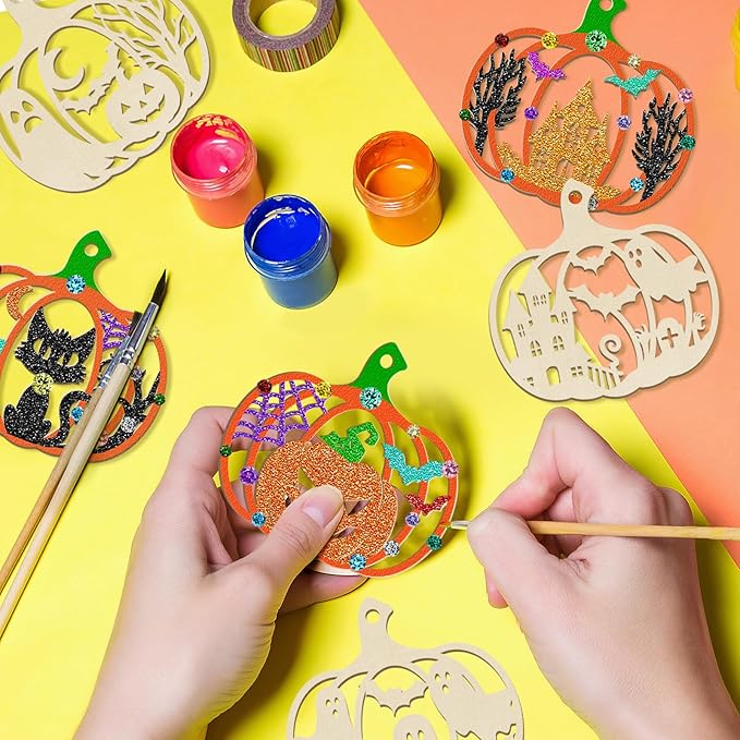 36PCS Wooden Pumpkins Ornaments to Paint Halloween Thanksgiving Decoration Cutouts Unfinished 3.5 inches, DIY Blank Unfinished Pumpkin Ornament for Home Harvest Crafts Hanging Autumn Decor(6Style)