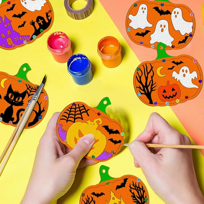 36PCS Wooden Pumpkins Ornaments to Paint Halloween Thanksgiving Decoration Cutouts Unfinished 3.5 inches, DIY Blank Unfinished Pumpkin Ornament for Home Harvest Crafts Hanging Autumn Decor(6Style)