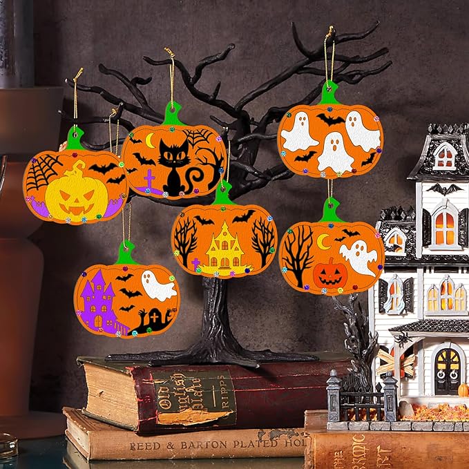 36PCS Wooden Pumpkins Ornaments to Paint Halloween Thanksgiving Decoration Cutouts Unfinished 3.5 inches, DIY Blank Unfinished Pumpkin Ornament for Home Harvest Crafts Hanging Autumn Decor(6Style)