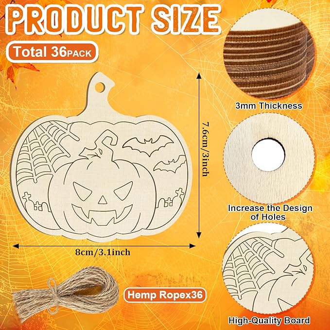 36PCS Wooden Pumpkins Ornaments to Paint Halloween Thanksgiving Decoration Cutouts Unfinished 3.5 inches, DIY Blank Unfinished Pumpkin Ornament for Home Harvest Crafts Hanging Autumn Decor(6Style)