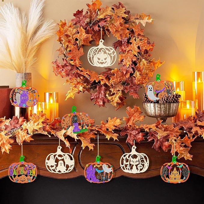 36PCS Wooden Pumpkins Ornaments to Paint Halloween Thanksgiving Decoration Cutouts Unfinished 3.5 inches, DIY Blank Unfinished Pumpkin Ornament for Home Harvest Crafts Hanging Autumn Decor(6Style)
