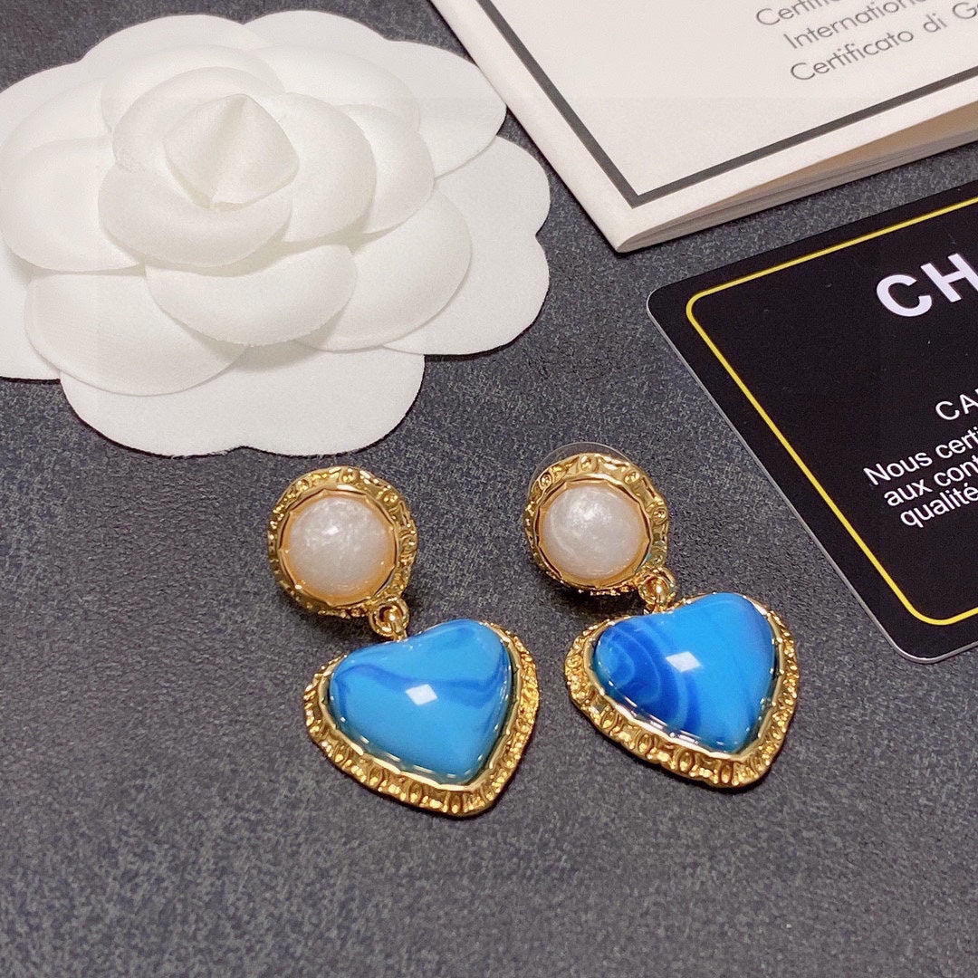 18K Chanel Blue Heart Pearl Earrings