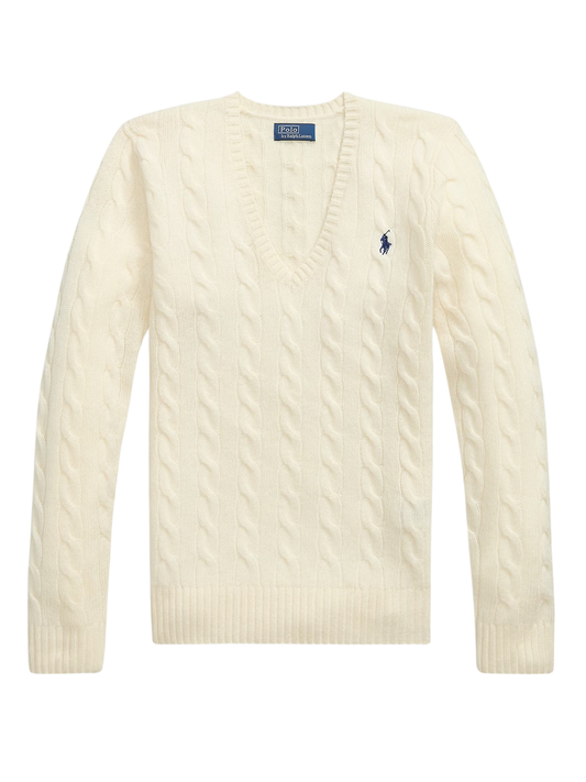 RALPH LAUREN WOMEN Cable-Knit Wool-Cashmere V-Neck Sweater Cream