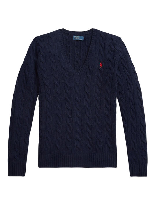 RALPH LAUREN WOMEN Cable-Knit Wool-Cashmere V-Neck Sweater Hunter Navy