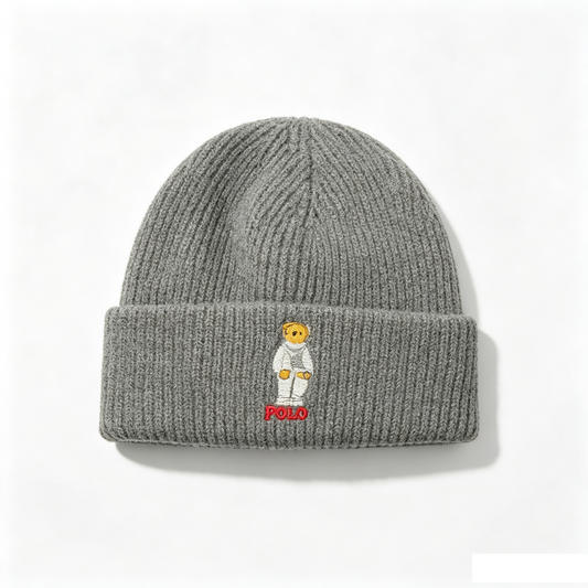 Polo Bear Logo Knitted Beanie, Dark Grey Classic Winter Skull Hat