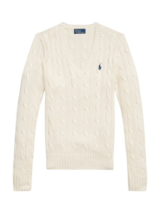 RALPH LAUREN WOMEN Cable-Knit Cotton V-Neck Jumper Cream