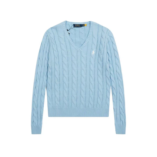 Polo Ralph Lauren Women V‑Neck Cable‑Knit Sweater, Light Blue Pony Logo Jumper