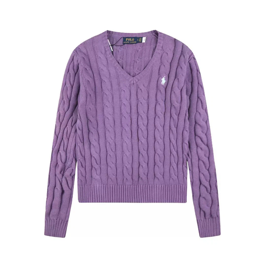 Polo Ralph Lauren White Pony Embroidered Cable‑Knit V‑Neck Sweater, Lilac Women Knit Top